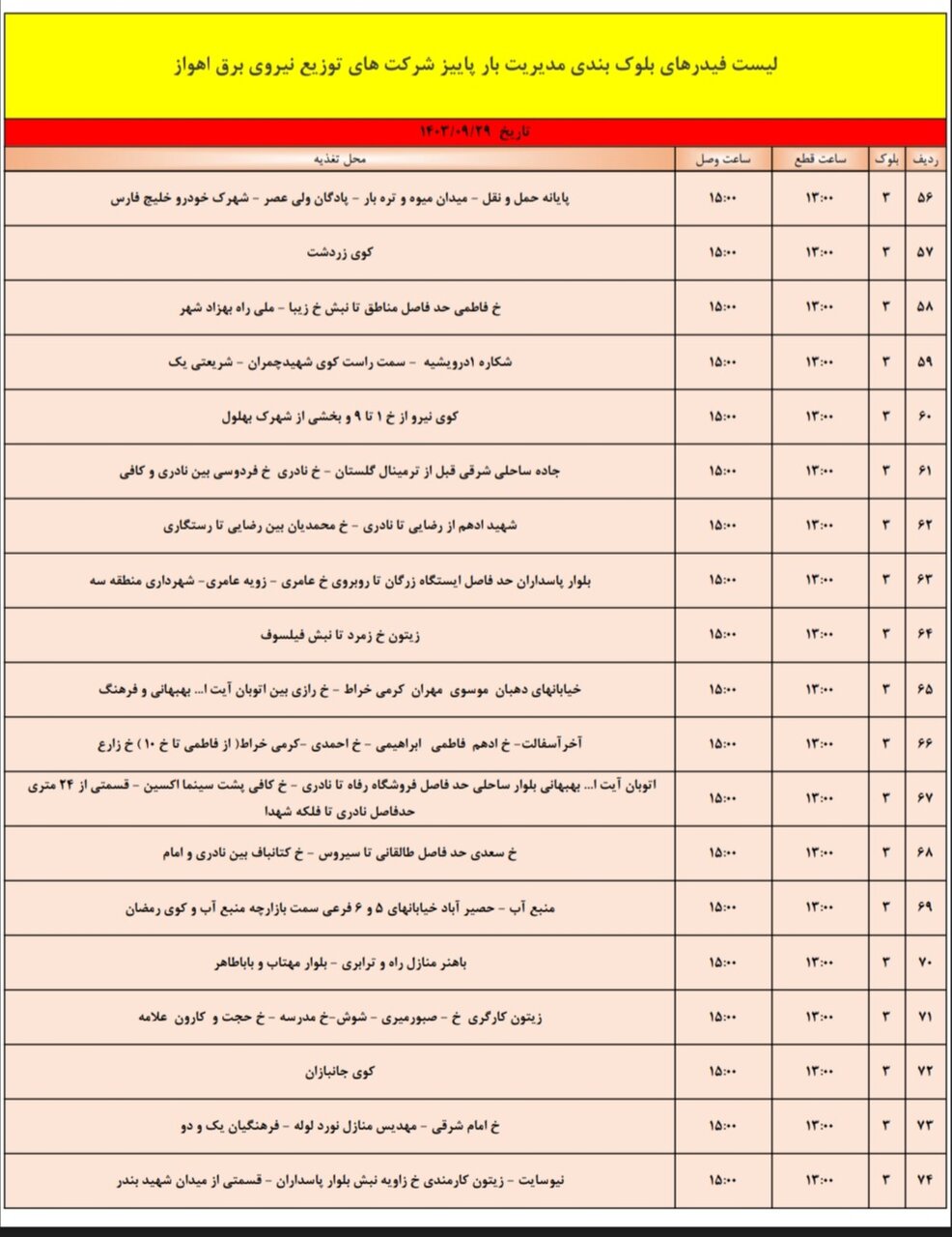 قطعی برق اهواز پنجشنبه ۲۹ آذر + برنامه خاموشی، جدول و لیست مناطق