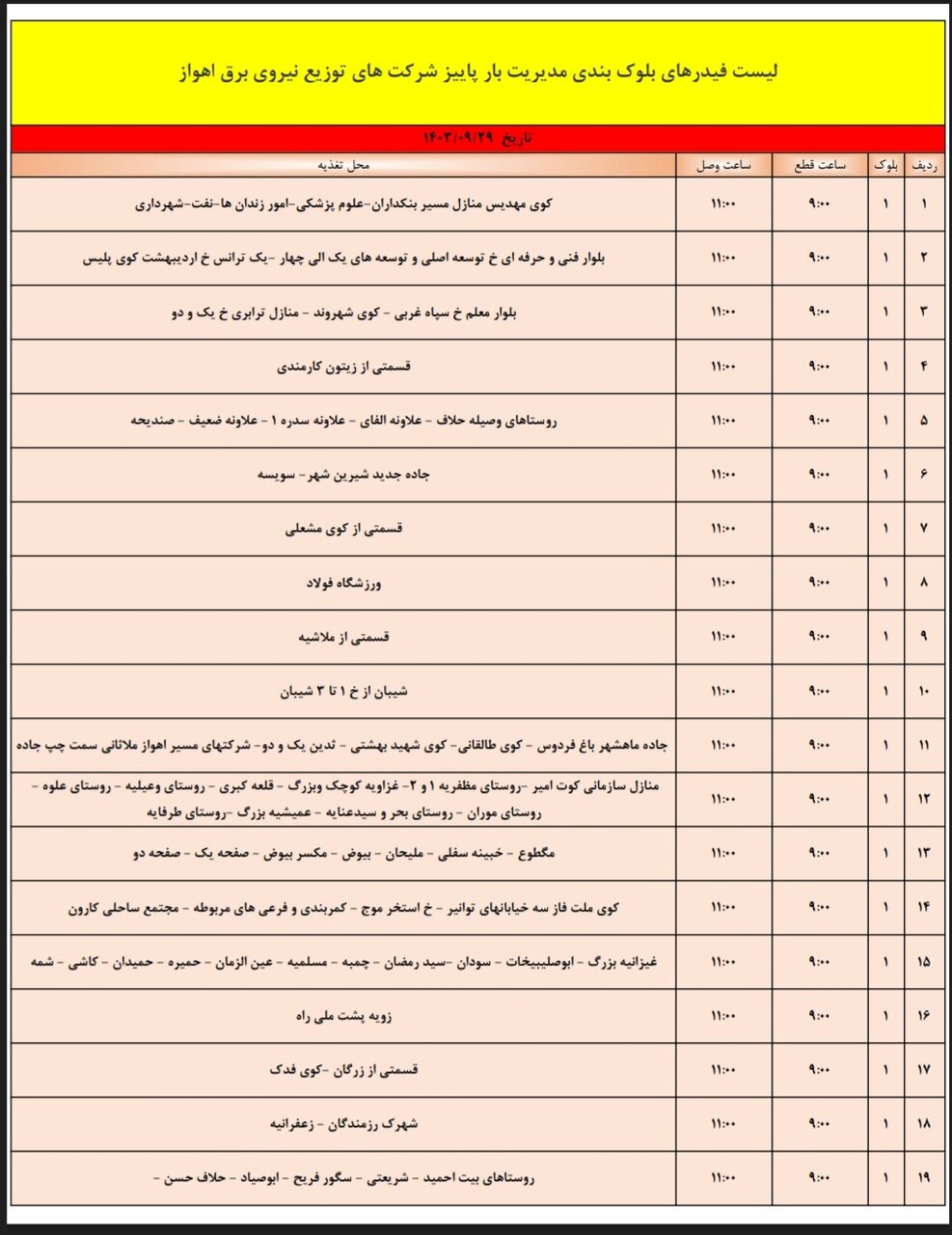 قطعی برق اهواز پنجشنبه ۲۹ آذر + برنامه خاموشی، جدول و لیست مناطق