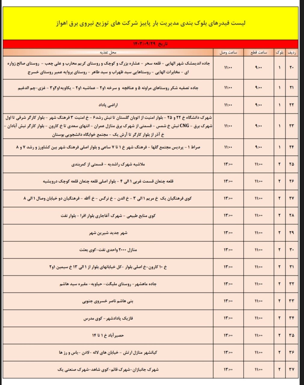 قطعی برق اهواز پنجشنبه ۲۹ آذر + برنامه خاموشی، جدول و لیست مناطق