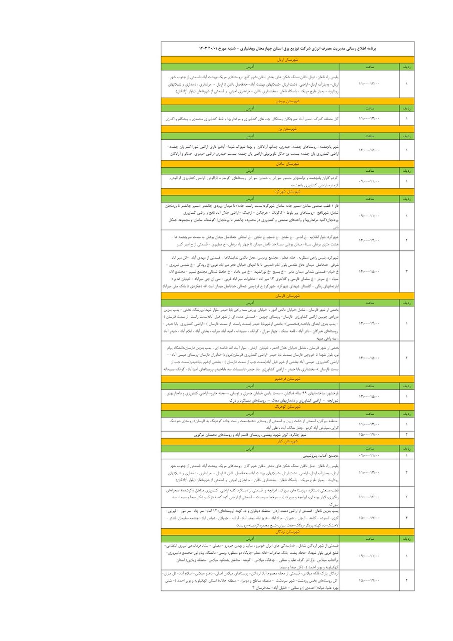 برنامه قطعی برق چهارمحال‌ و بختیاری یکم دی ۱۴۰۳ + جدول