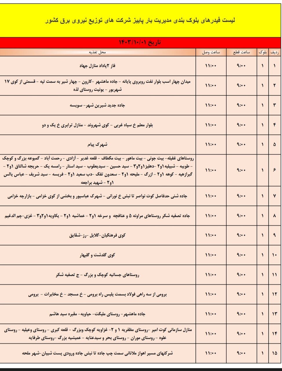 قطعی برق اهواز شنبه یکم دی + برنامه خاموشی، جدول و لیست مناطق