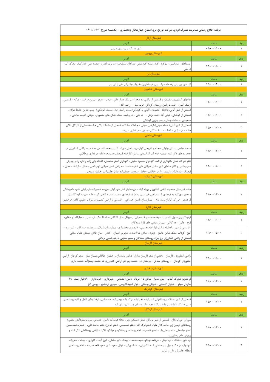 برنامه قطعی برق چهارمحال‌ و بختیاری ۲ دی ۱۴۰۳ + جدول