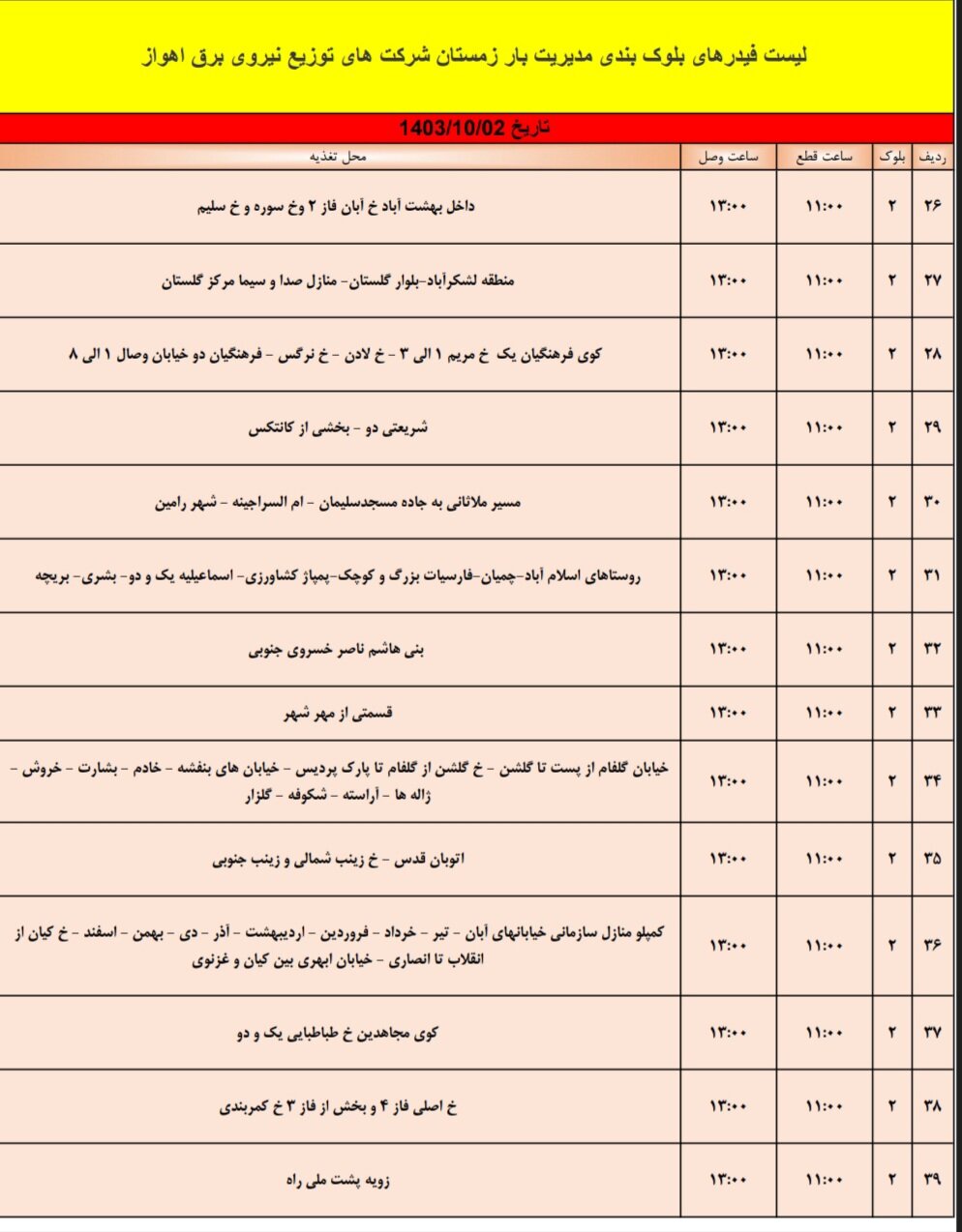 برنامه قطعی برق اهواز، یکشنبه ۲ دی + برنامه خاموشی، جدول و لیست مناطق