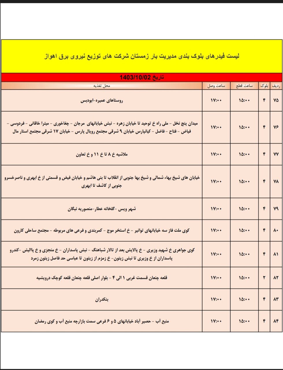 برنامه قطعی برق اهواز، یکشنبه ۲ دی + برنامه خاموشی، جدول و لیست مناطق