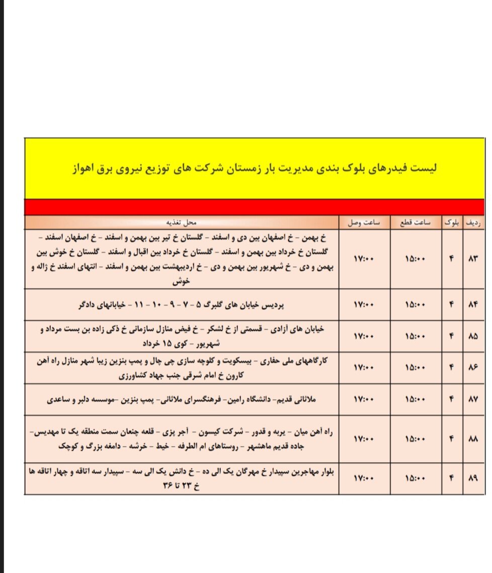 برنامه قطعی برق اهواز، دوشنبه ۳ دی + برنامه خاموشی، جدول و لیست مناطق