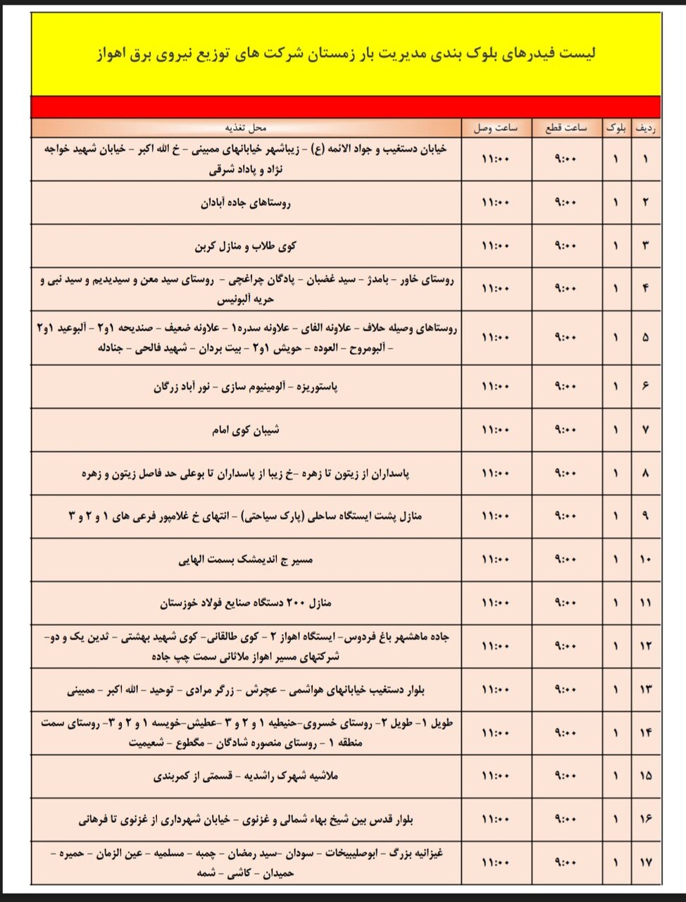 برنامه قطعی برق اهواز، دوشنبه ۳ دی + برنامه خاموشی، جدول و لیست مناطق