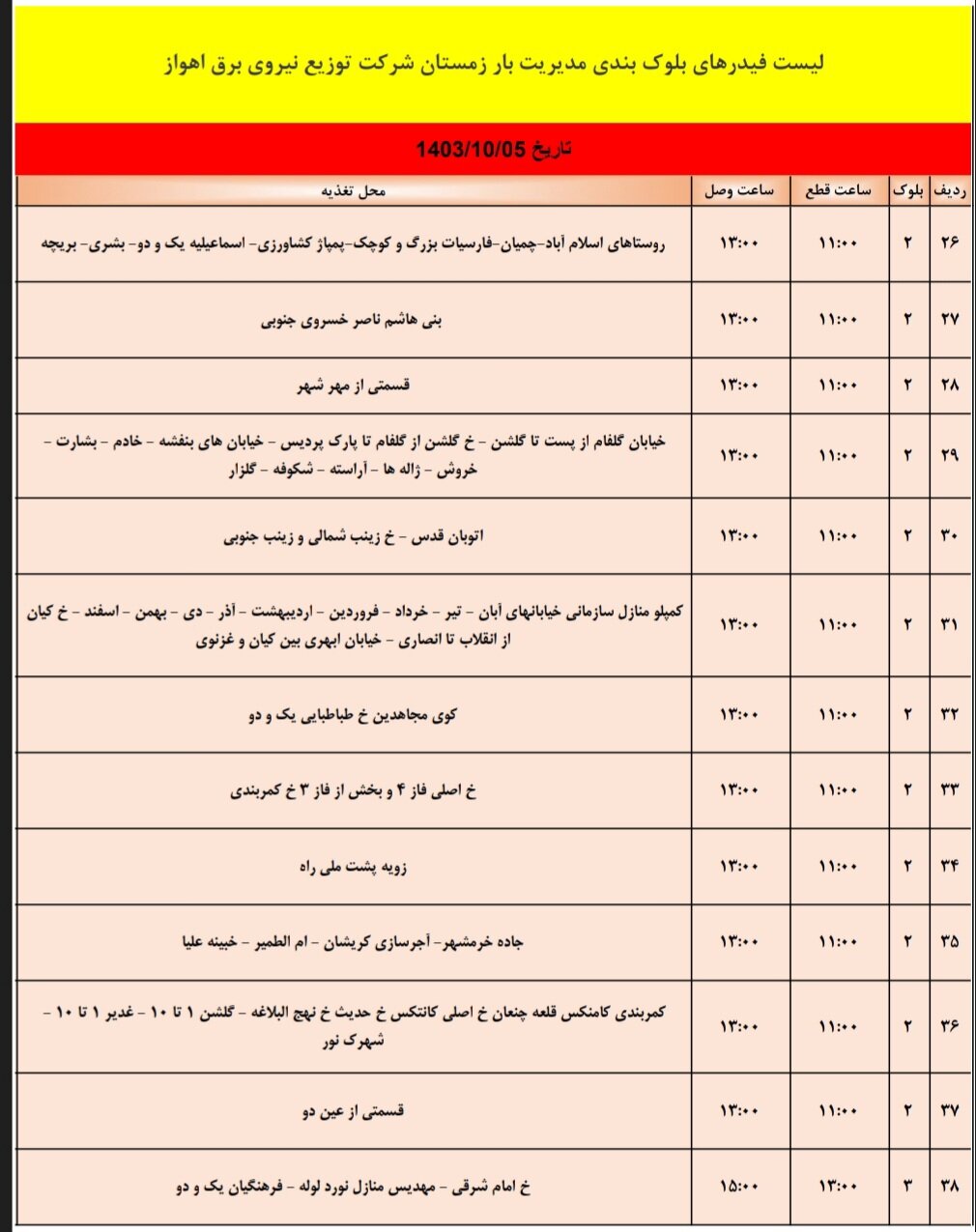 برنامه قطعی برق اهواز، چهارشنبه ۵ دی + برنامه خاموشی، جدول و لیست مناطق