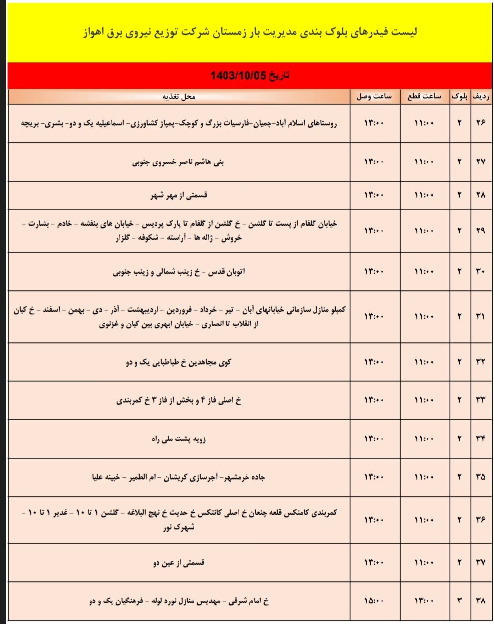 برنامه قطعی برق اهواز، چهارشنبه ۵ دی + برنامه خاموشی، جدول و لیست مناطق