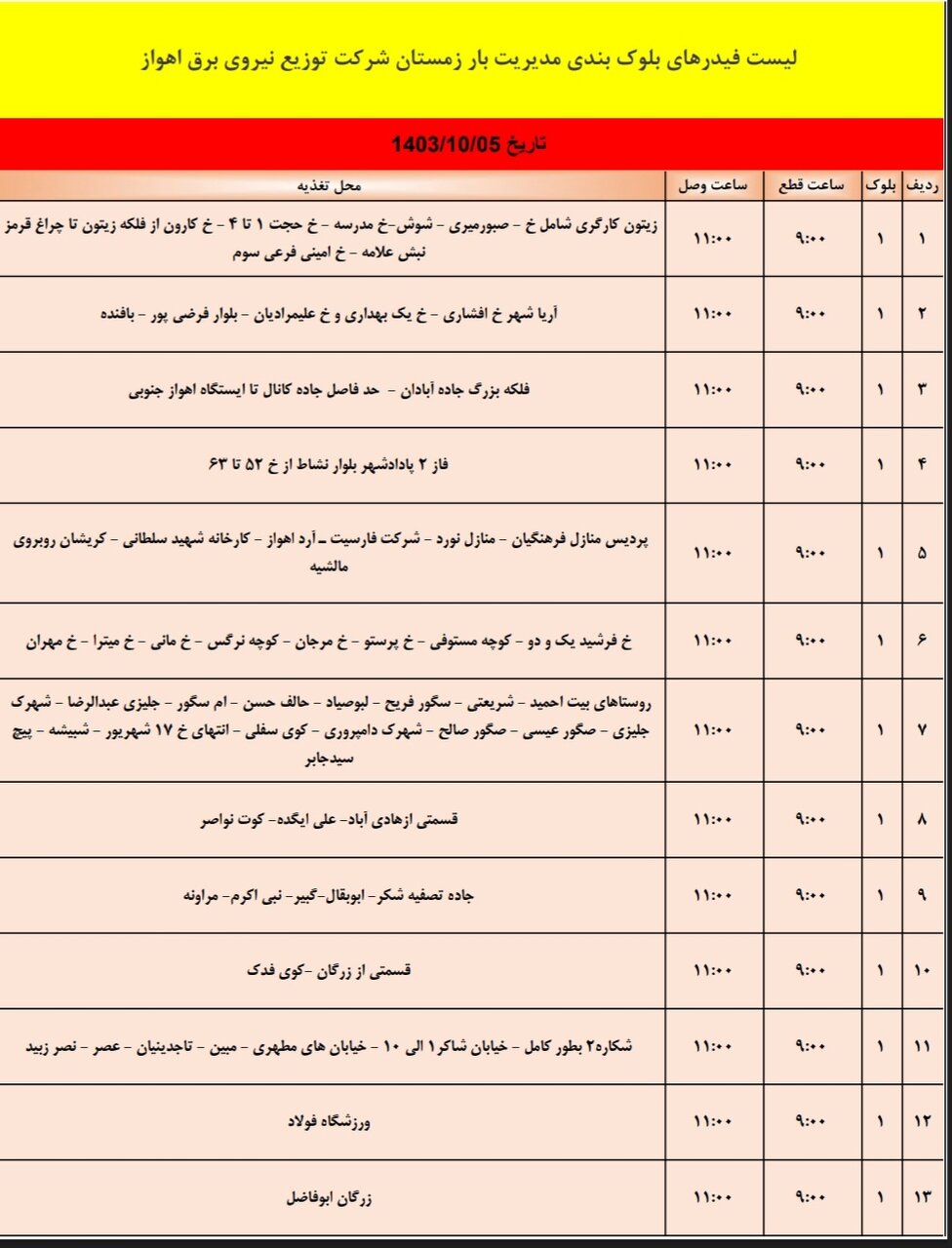 برنامه قطعی برق اهواز، چهارشنبه ۵ دی + برنامه خاموشی، جدول و لیست مناطق