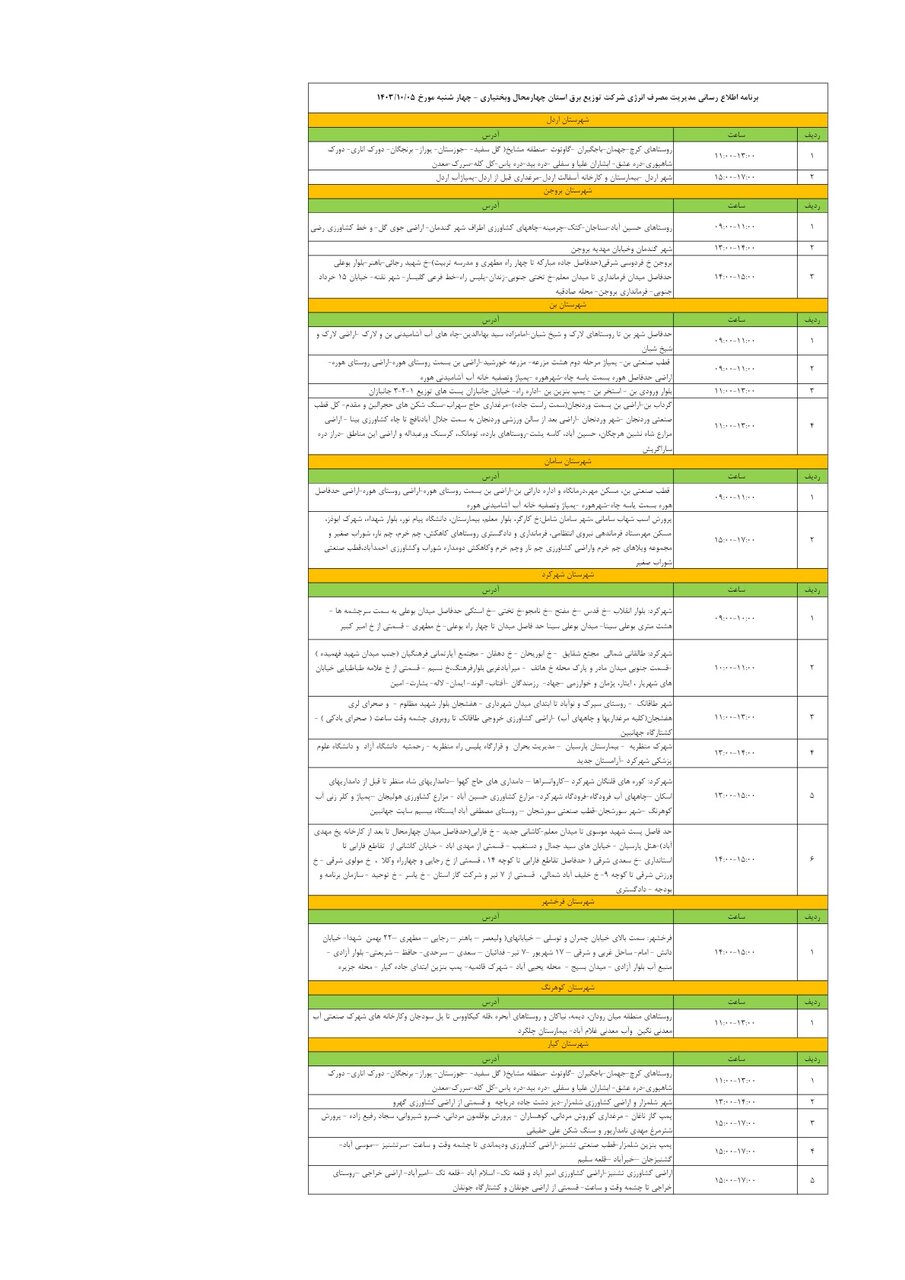 برنامه قطعی برق چهارمحال‌ و بختیاری ۵ دی ۱۴۰۳ + جدول