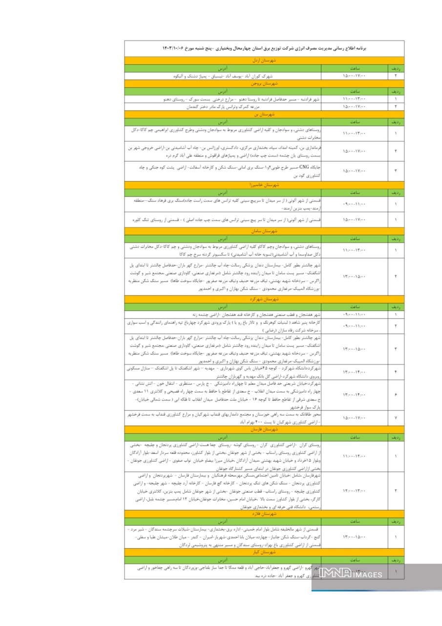 برنامه قطعی برق چهارمحال‌ و بختیاری ۶ دی ۱۴۰۳ + جدول