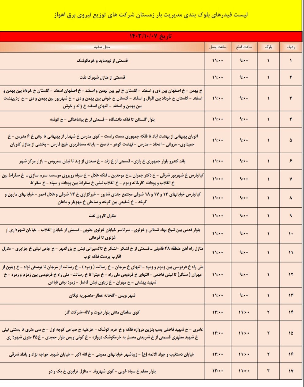 برنامه قطعی برق اهواز، جمعه ۷ دی + برنامه خاموشی، جدول و لیست مناطق