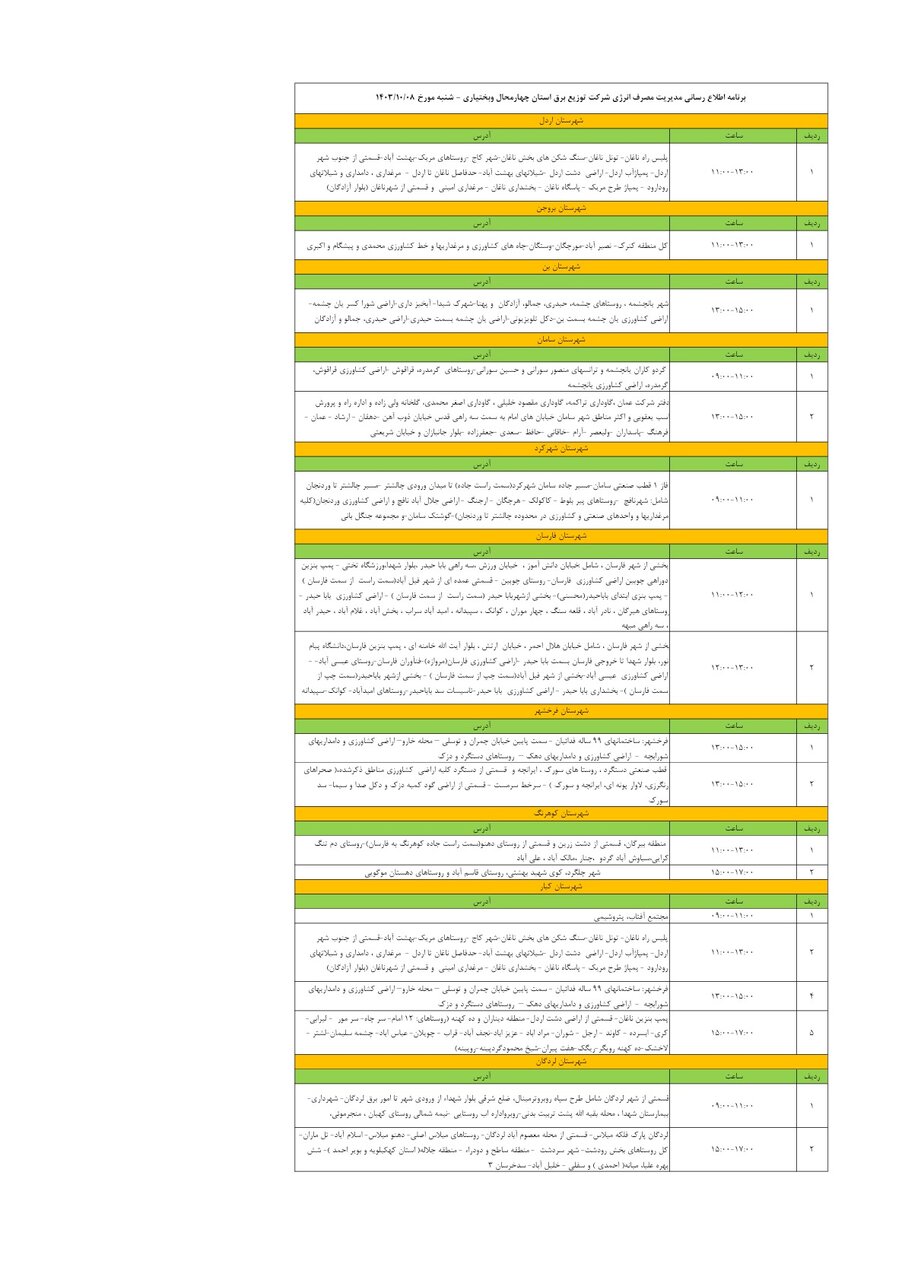 برنامه قطعی برق چهارمحال‌ و بختیاری ۸ دی ۱۴۰۳ + جدول