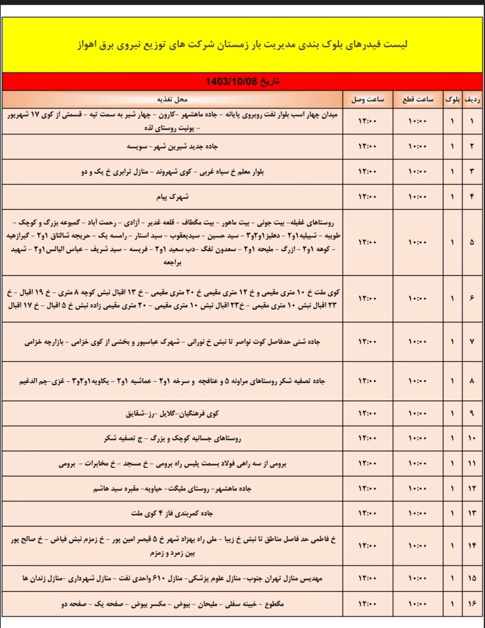 برنامه قطعی برق اهواز، شنبه ۸دی + برنامه خاموشی، جدول و لیست مناطق