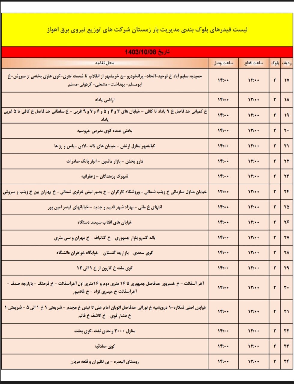 برنامه قطعی برق اهواز، شنبه ۸دی + برنامه خاموشی، جدول و لیست مناطق