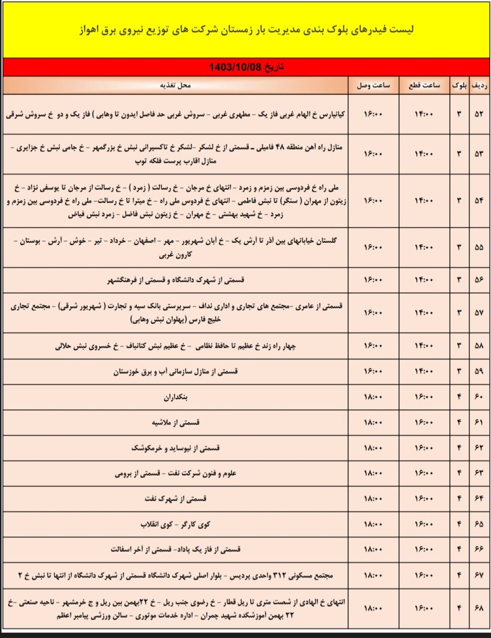 برنامه قطعی برق اهواز، شنبه ۸دی + برنامه خاموشی، جدول و لیست مناطق