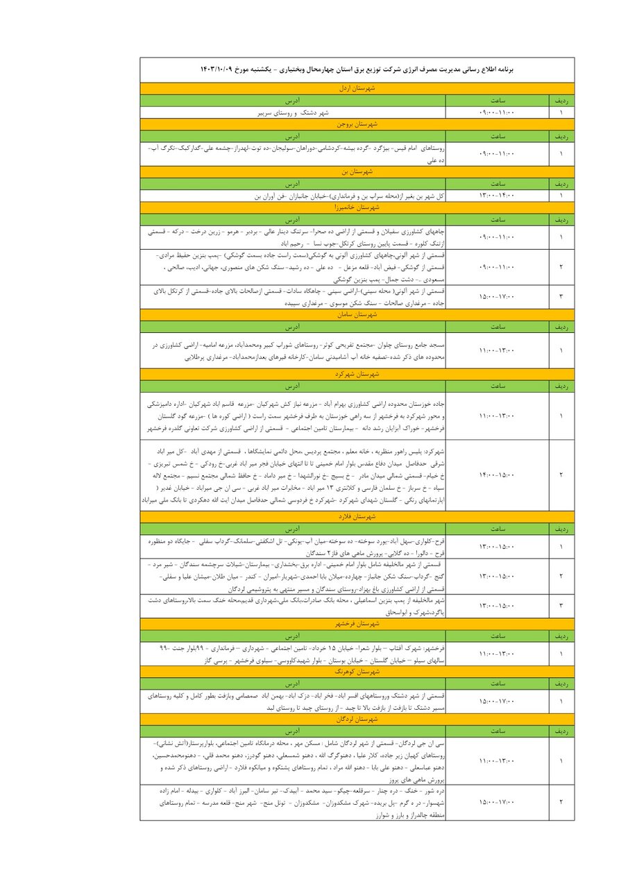 برنامه قطعی برق چهارمحال‌ و بختیاری ۹ دی ۱۴۰۳ + جدول