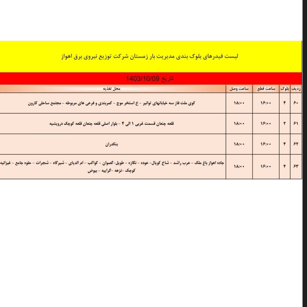 برنامه قطعی برق اهواز، یکشنبه ۹ دی + برنامه خاموشی، جدول و لیست مناطق نهم دی ۱۴۰۳