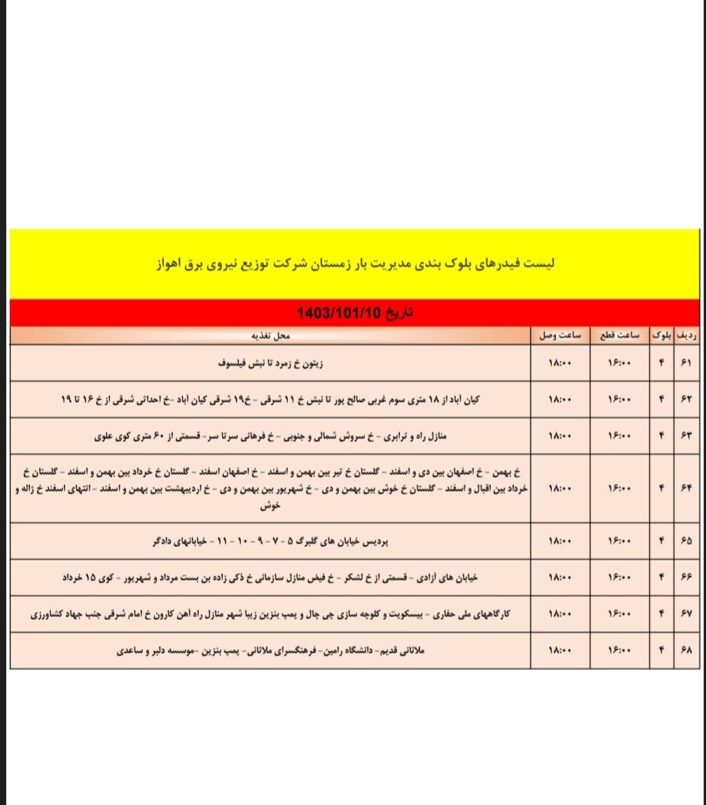 برنامه قطعی برق اهواز، دوشنبه ۱۰ دی + برنامه خاموشی، جدول و لیست مناطق دهم دی ۱۴۰۳