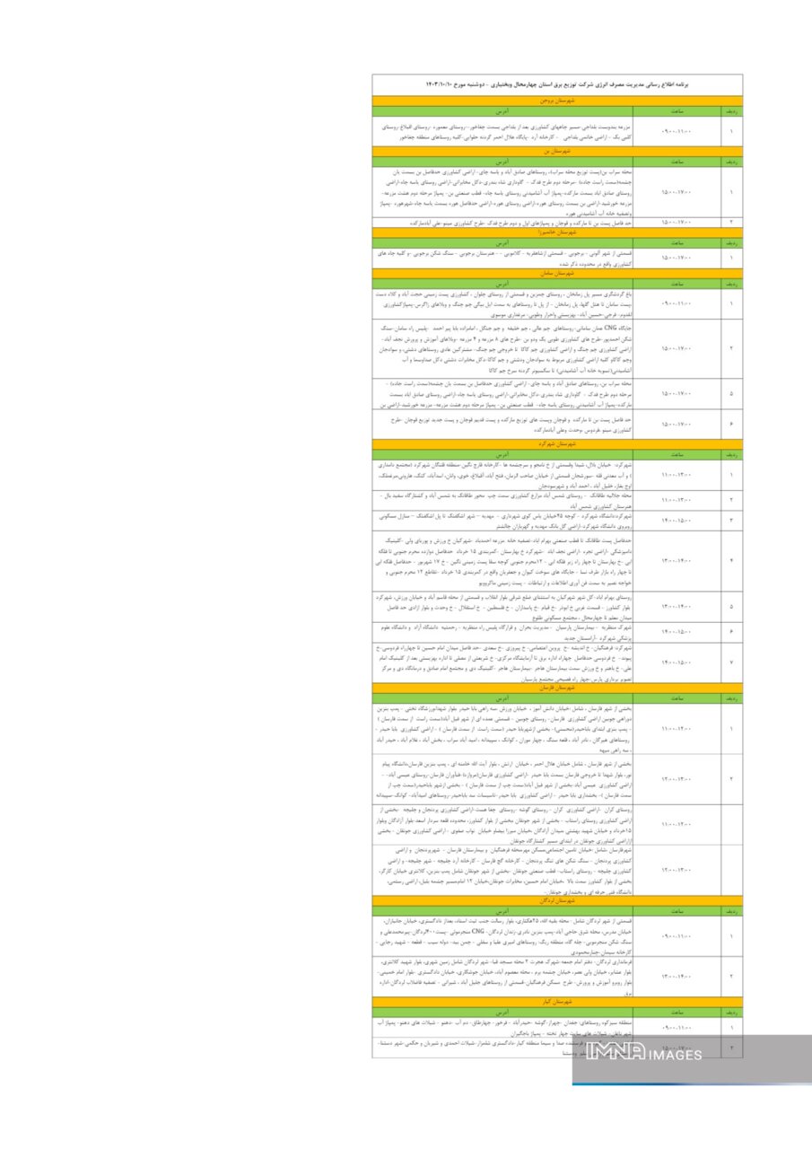 برنامه قطعی برق چهارمحال‌ و بختیاری‌ ۱۰ دی ۱۴۰۳ + جدول