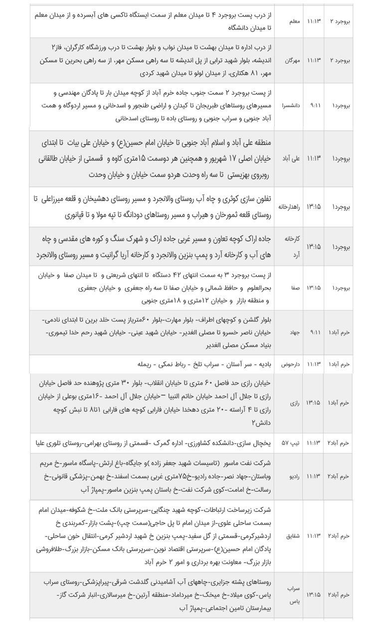 برنامه قطعی برق لرستان، دوشنبه دهم دی + برنامه خاموشی، جدول و لیست مناطق