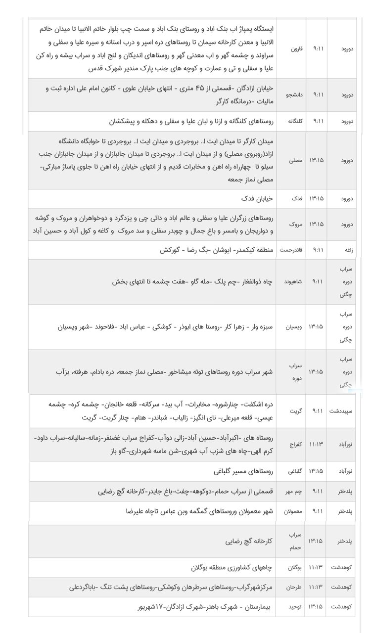 برنامه قطعی برق لرستان، دوشنبه دهم دی + برنامه خاموشی، جدول و لیست مناطق