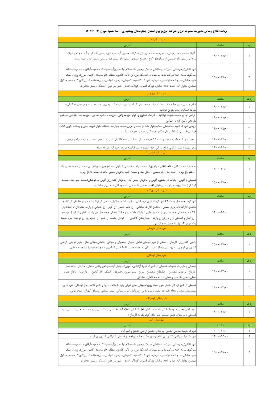 برنامه قطعی برق چهارمحال‌ و بختیاری‌ ۱۱ دی ۱۴۰۳ + جدول