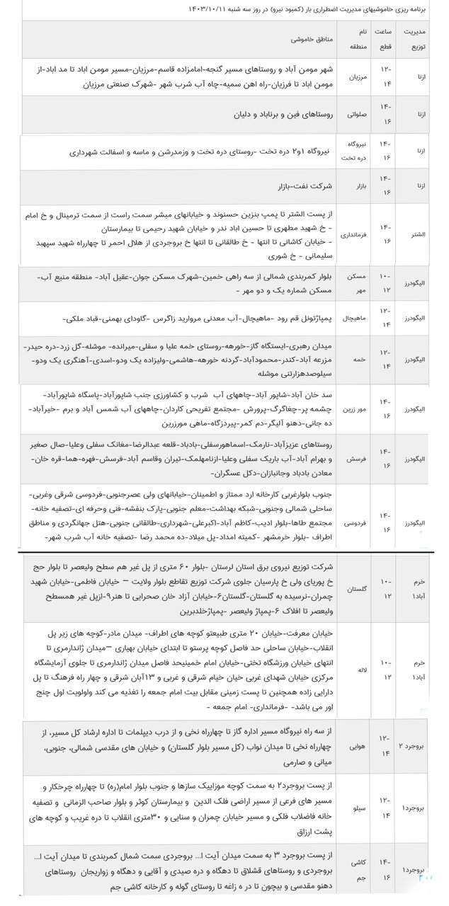برنامه قطعی برق لرستان، سهشنبه یازدهم دی + برنامه خاموشی، جدول و لیست مناطق