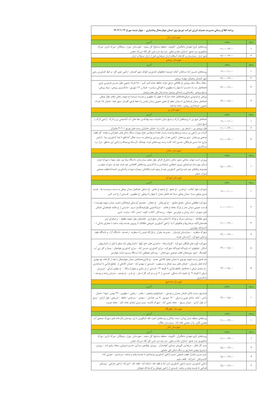 برنامه قطعی برق چهارمحال‌ و بختیاری‌ ۱۲ دی ۱۴۰۳ + جدول