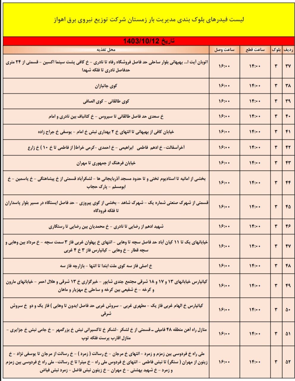 برنامه قطعی برق اهواز چهارشنبه ۱۲ دی + جدول و لیست مناطق