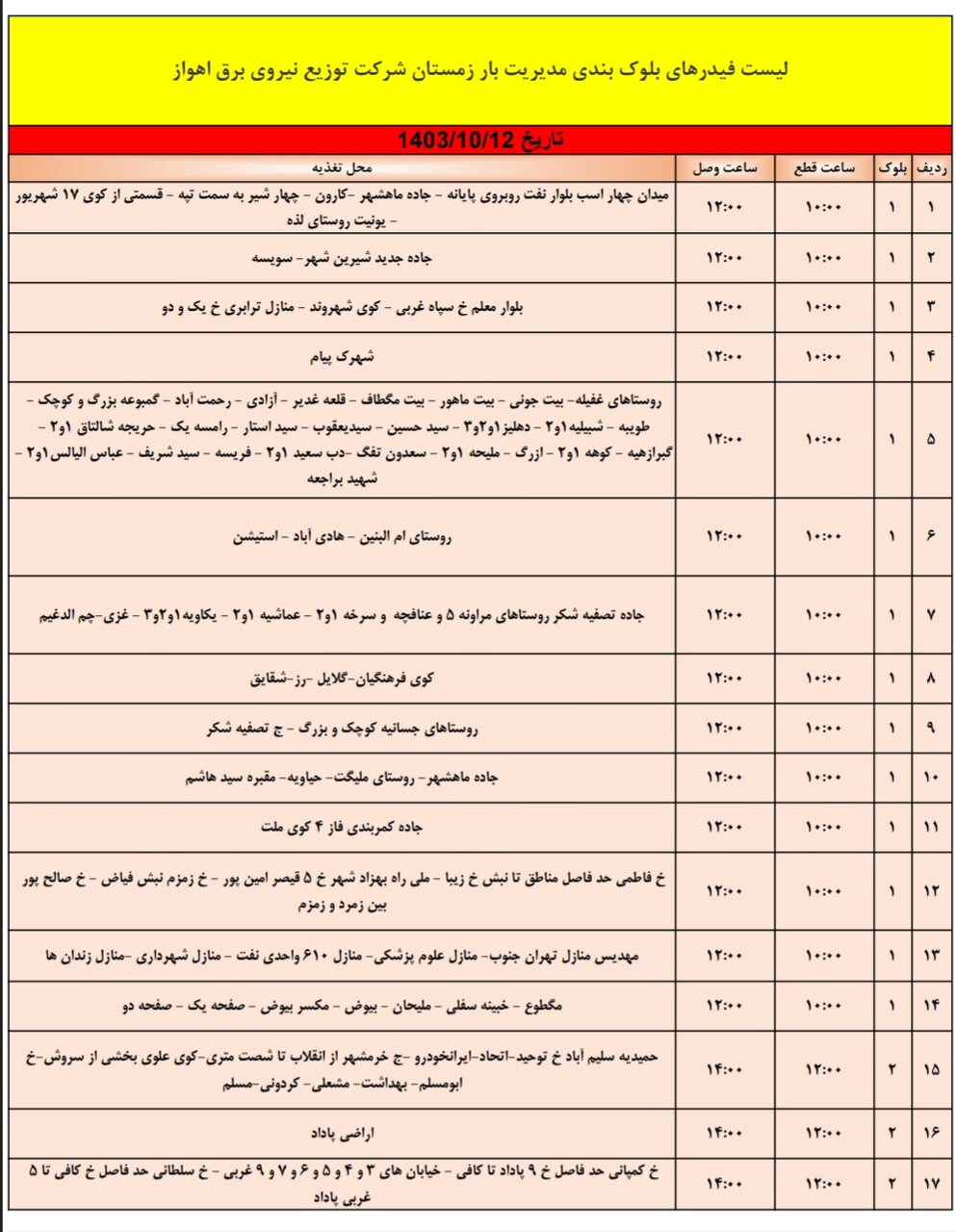 برنامه قطعی برق اهواز چهارشنبه ۱۲ دی + جدول و لیست مناطق