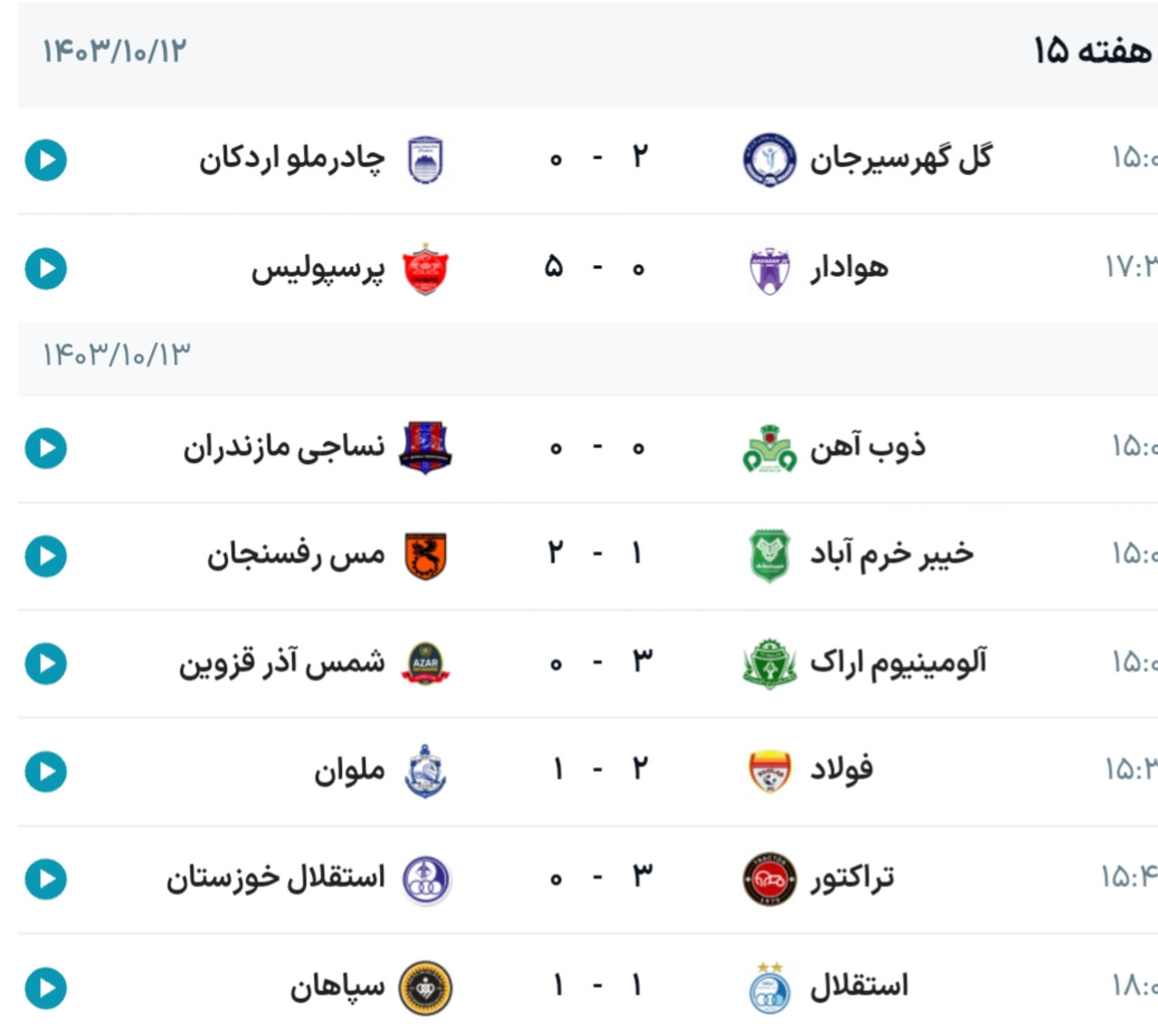 نتایج هفته پانزدهم رقابتهای لیگبرتر فوتبال+ جدول