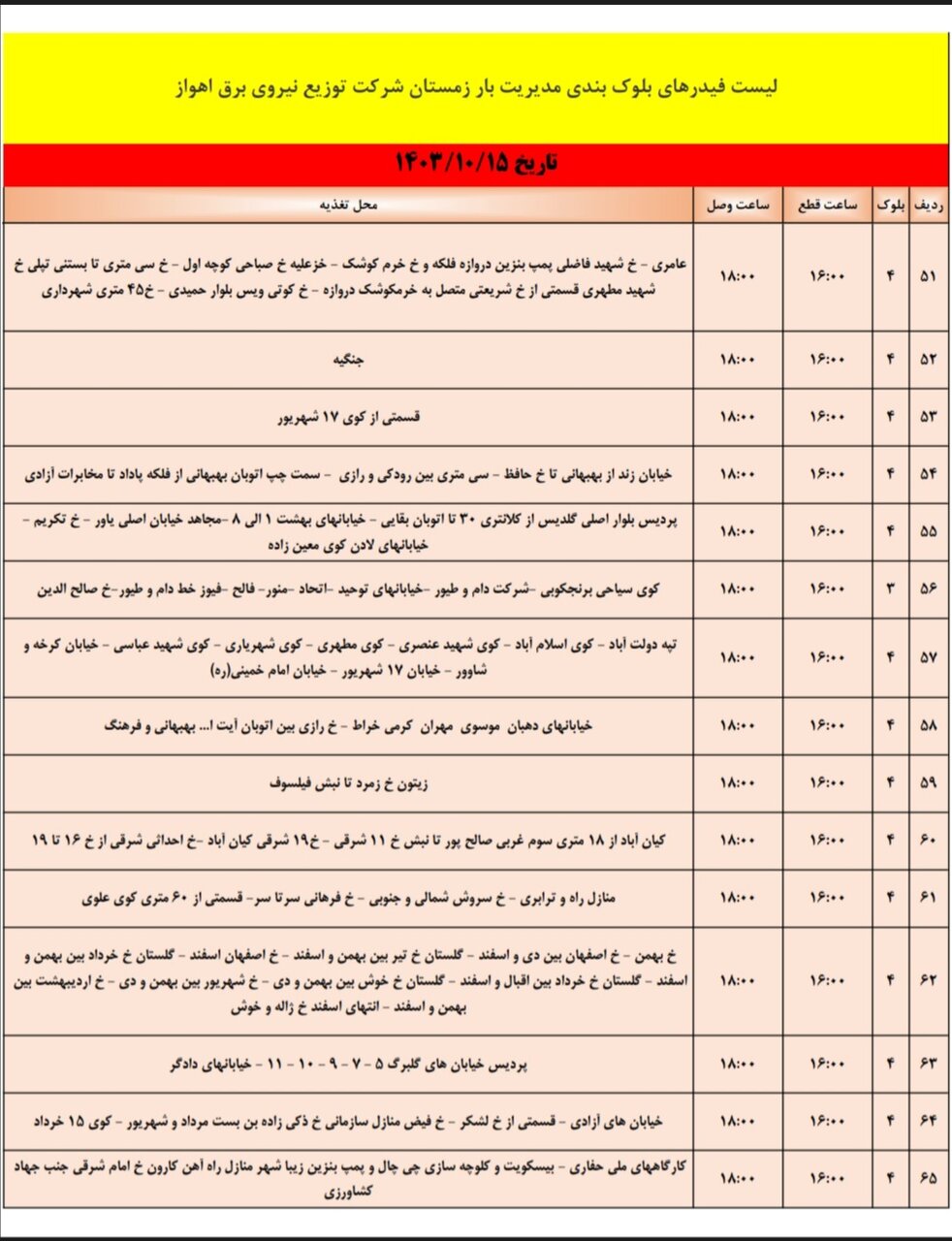 برنامه قطعی برق اهواز، شنبه ۱۵ دی + برنامه خاموشی، جدول و لیست مناطق پانزدهم دی ۱۴۰۳