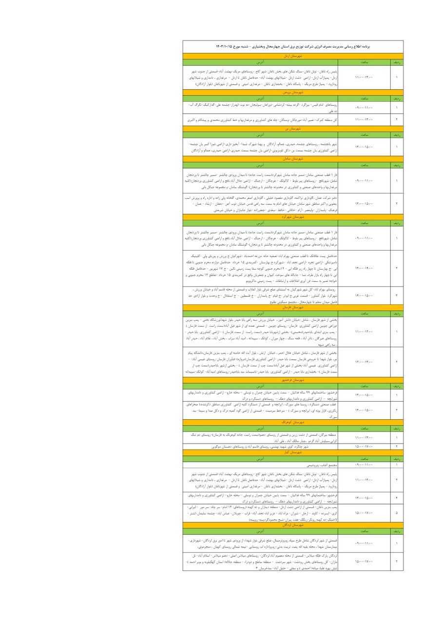 برنامه قطعی برق چهارمحال‌ و بختیاری‌ ۱۵ دی ۱۴۰۳ + جدول