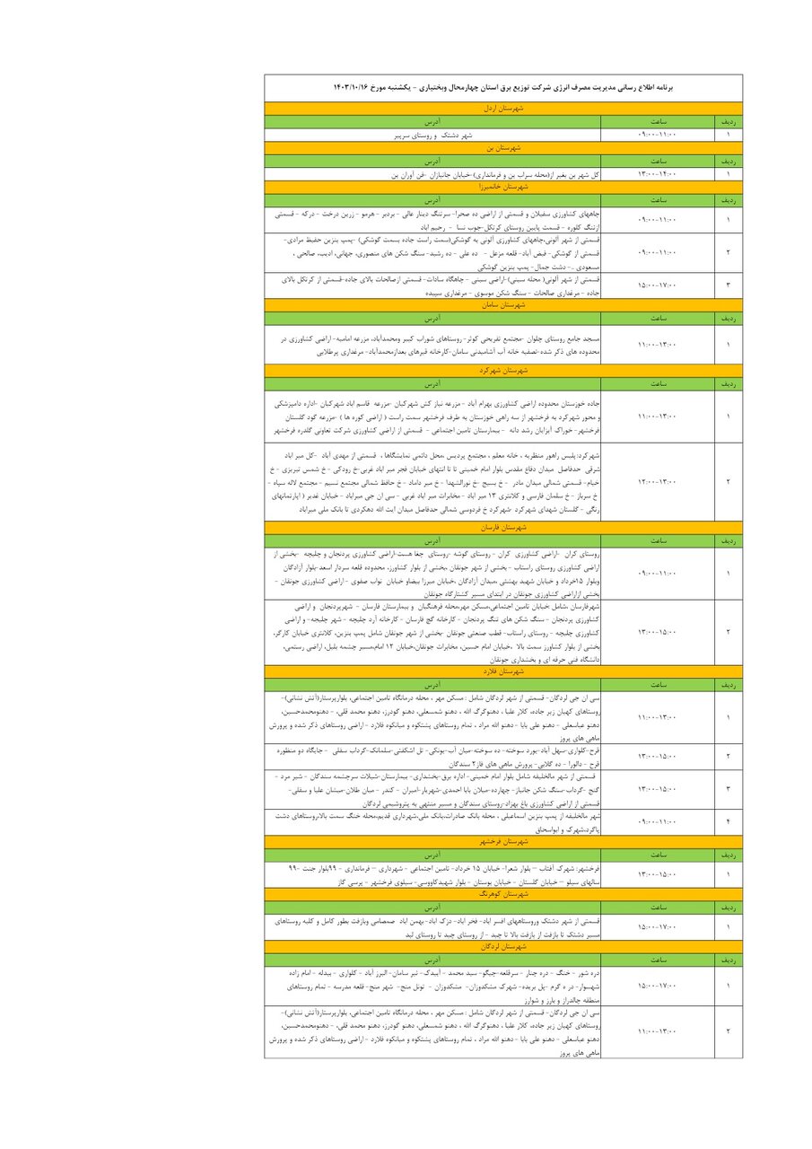 برنامه قطعی برق چهارمحال‌ و بختیاری‌ ۱۶ دی ۱۴۰۳ + جدول