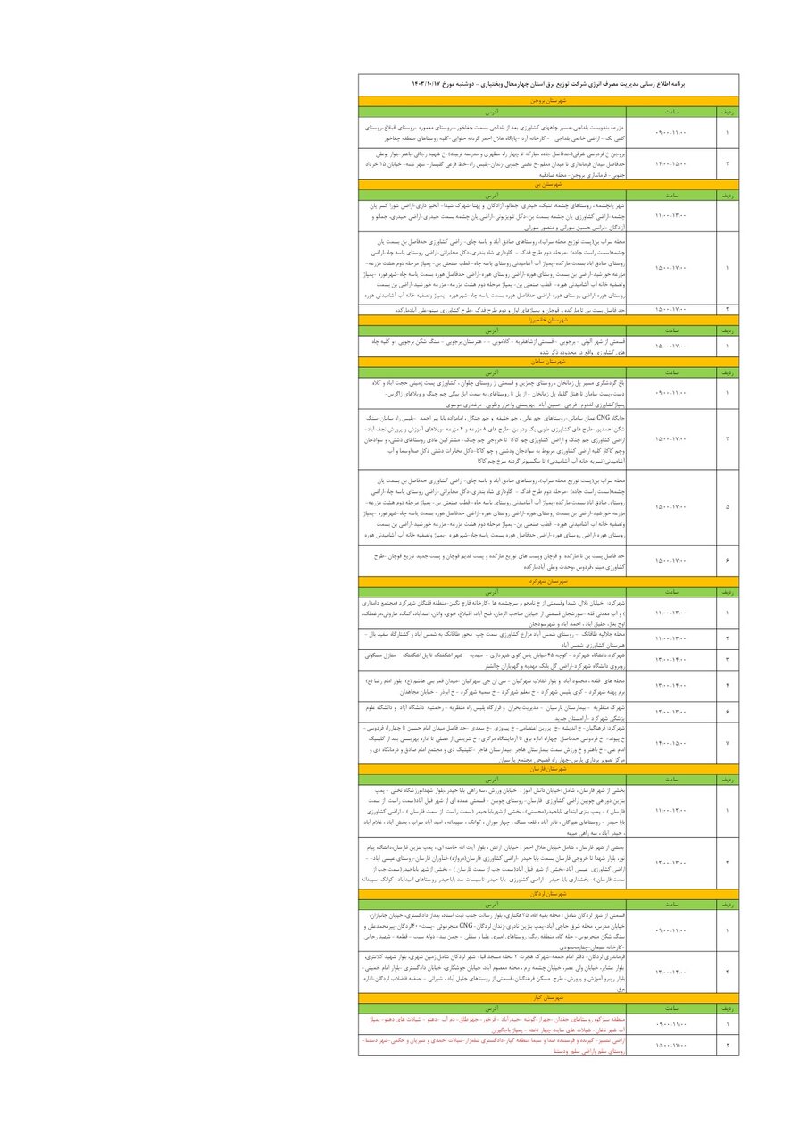 برنامه قطعی برق چهارمحال‌ و بختیاری‌ ۱۷ دی ۱۴۰۳ + جدول