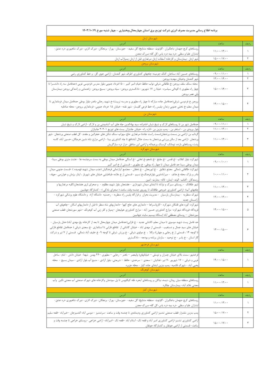 برنامه قطعی برق چهارمحال‌ و بختیاری‌ ۱۹ دی ۱۴۰۳ + جدول