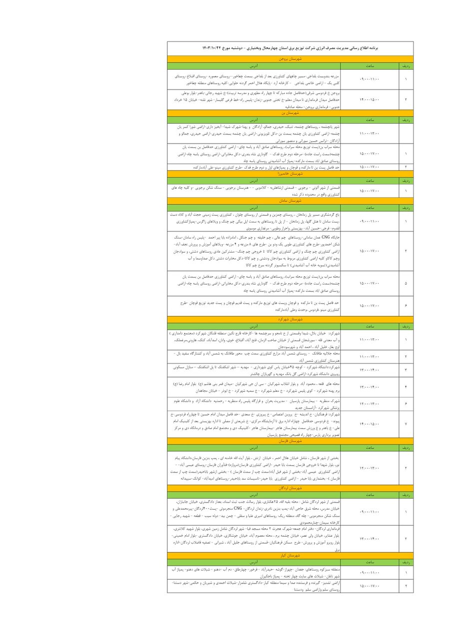 برنامه قطعی برق چهارمحال و بختیاری دوشنبه ۲۴ دی + جدول