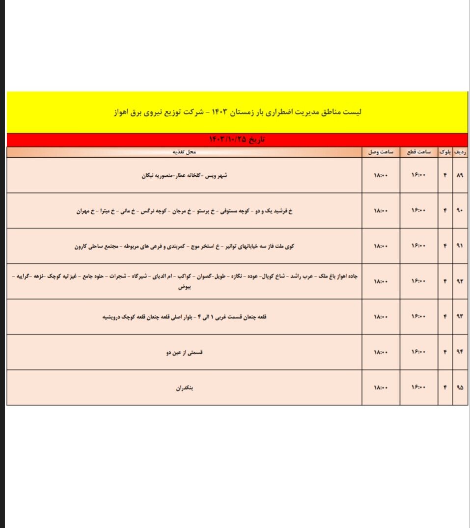 برنامه قطعی برق اهواز، سه‌شنبه ۲۵ دی + جدول مناطق