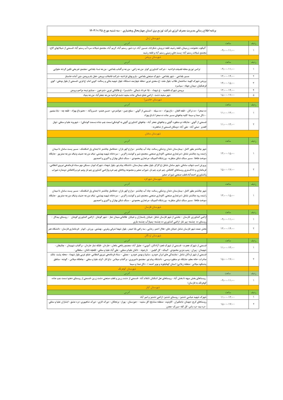 برنامه قطعی برق چهارمحال‌ و بختیاری‌، سه‌شنبه ۲۵ دی + جدول