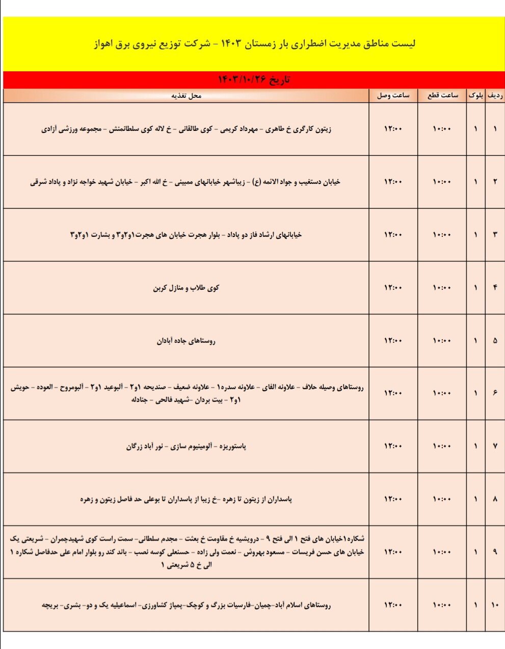 برنامه قطعی برق اهواز، چهارشنبه ۲۶دی + جدول مناطق