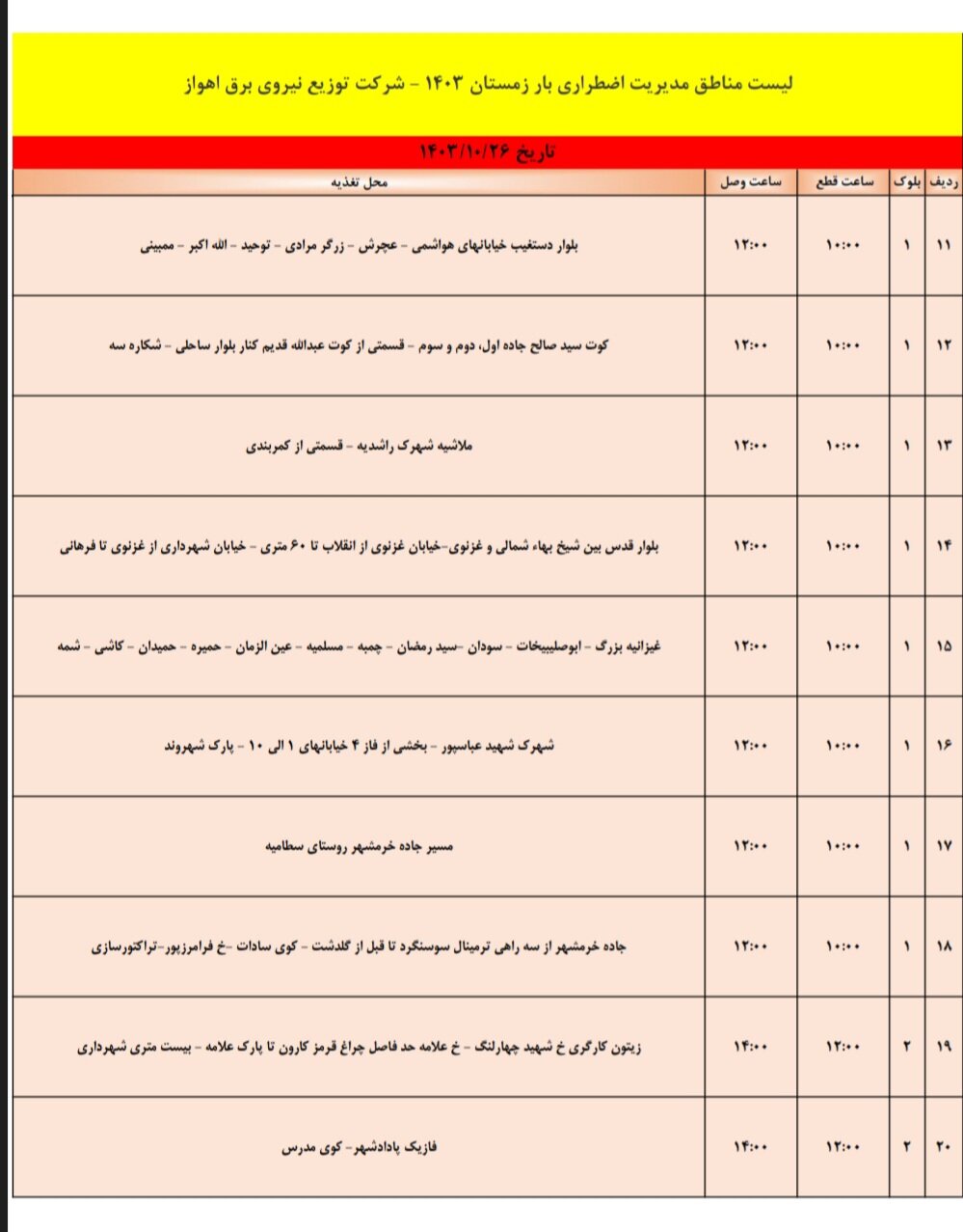 برنامه قطعی برق اهواز، چهارشنبه ۲۶دی + جدول مناطق