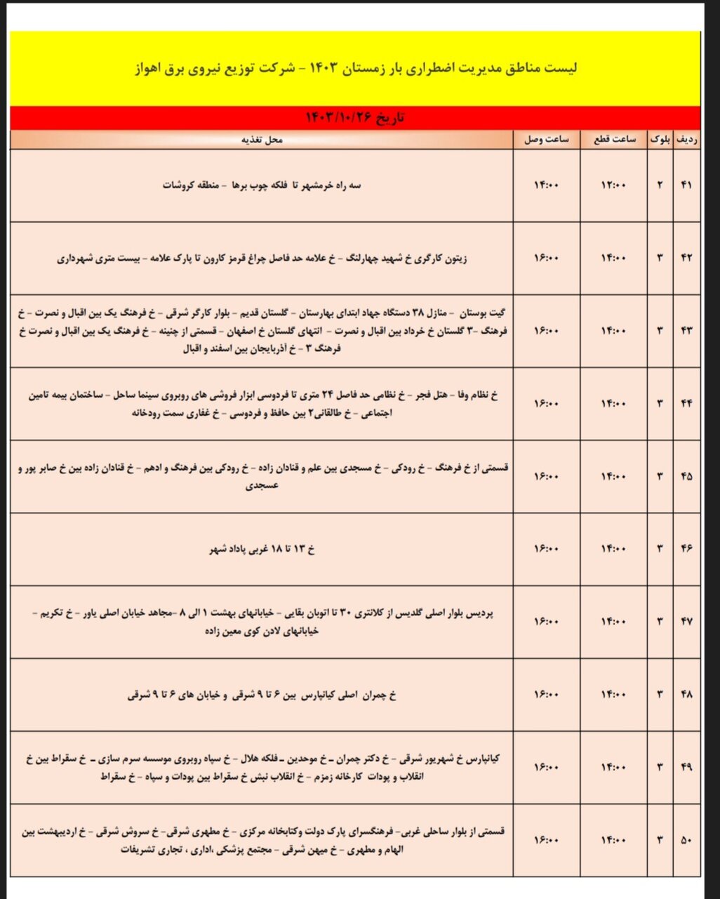 برنامه قطعی برق اهواز، چهارشنبه ۲۶دی + جدول مناطق