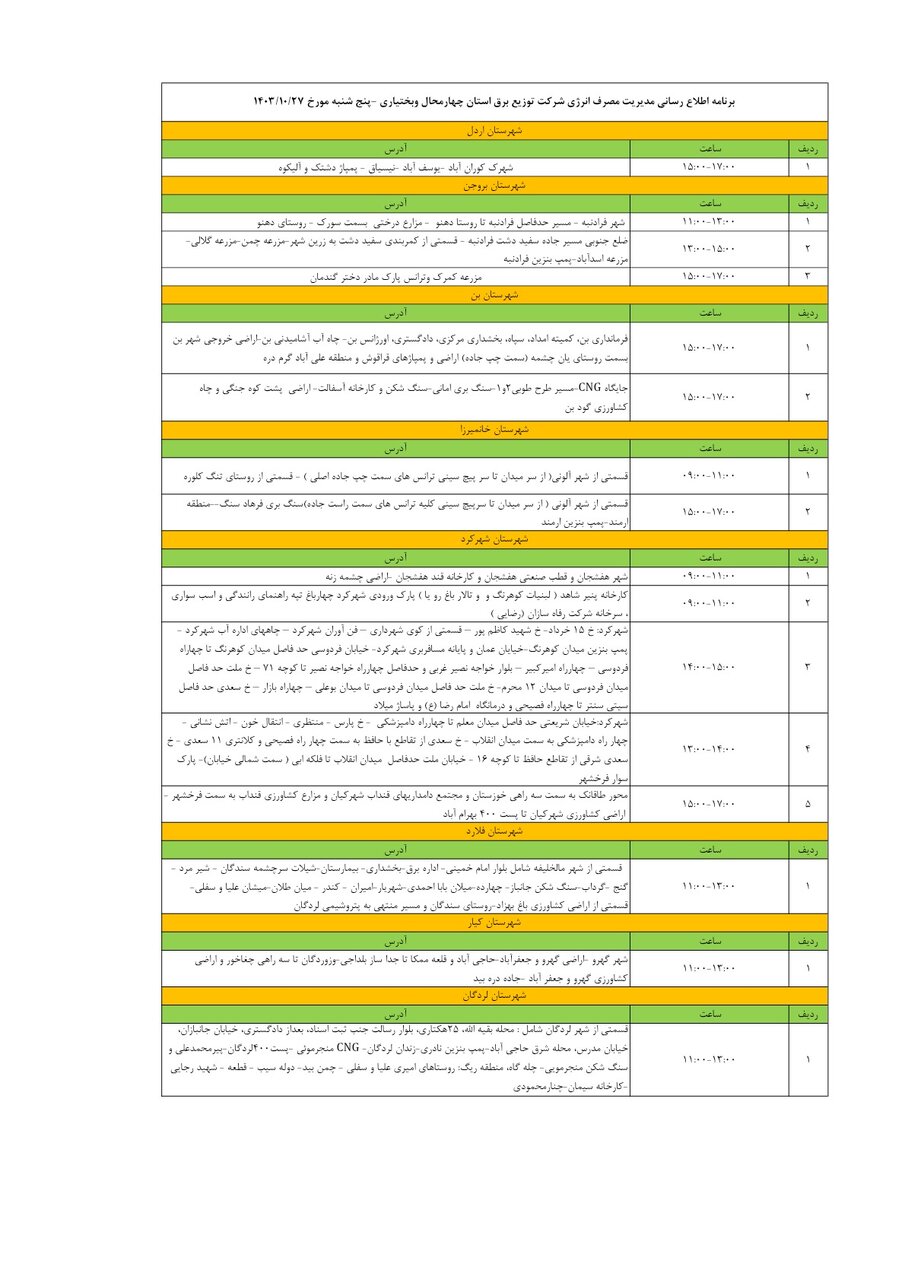 برنامه قطعی برق چهارمحال‌ و بختیاری‌ پنجشنبه ۲۷ دی + جدول