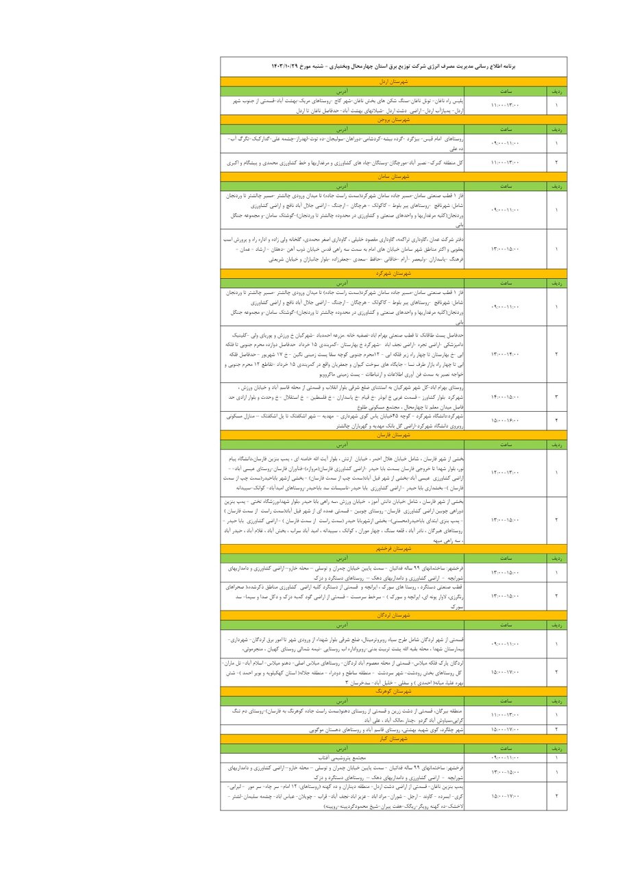 برنامه قطعی برق چهارمحال‌ و بختیاری‌ شنبه ۲۹ دی + جدول