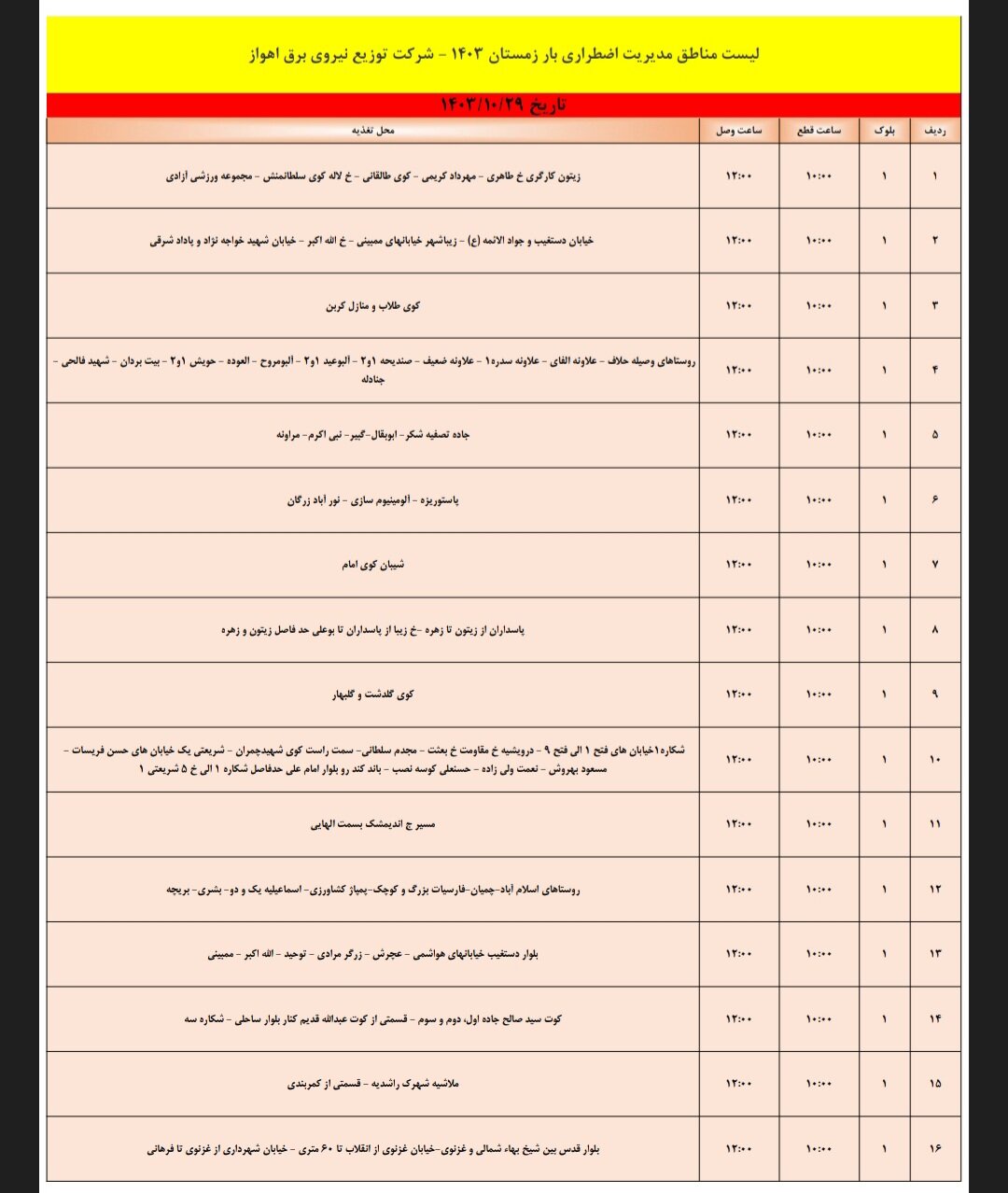 برنامه قطعی برق اهواز، شنبه ۲۹ دی + جدول مناطق