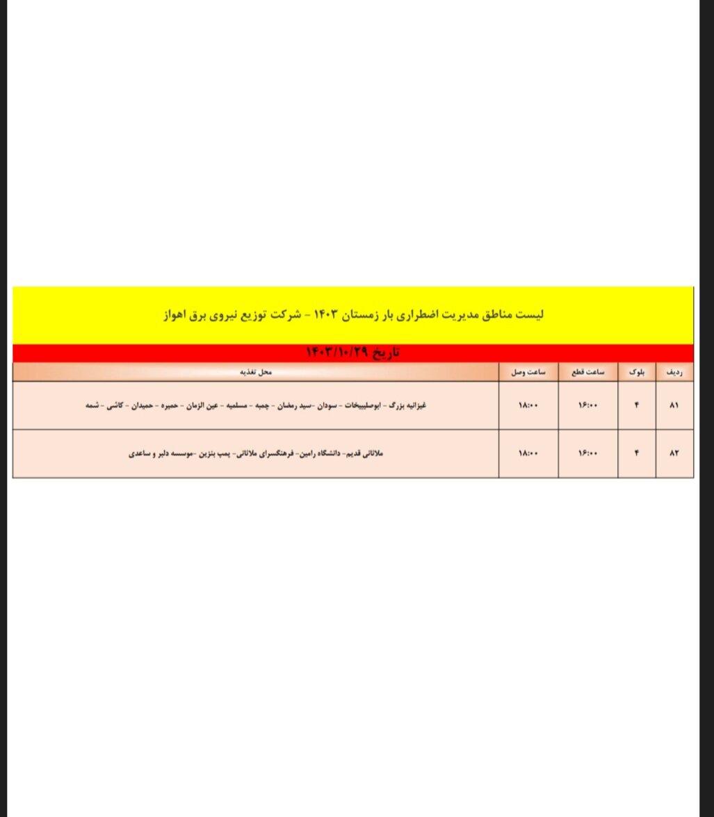 برنامه قطعی برق اهواز، شنبه ۲۹ دی + جدول مناطق