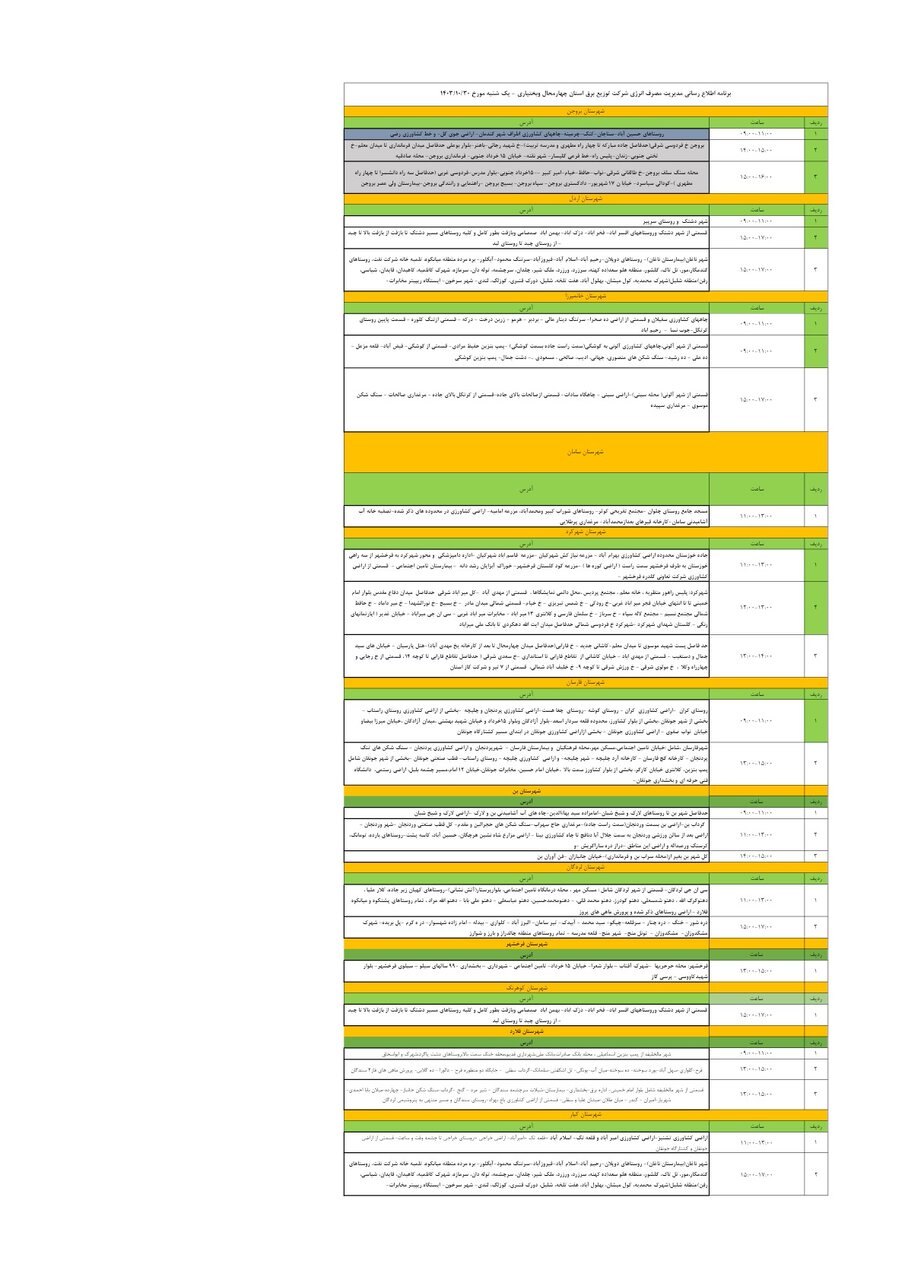 برنامه قطعی برق چهارمحال‌ و بختیاری‌ یکشنبه ۳۰ دی + جدول