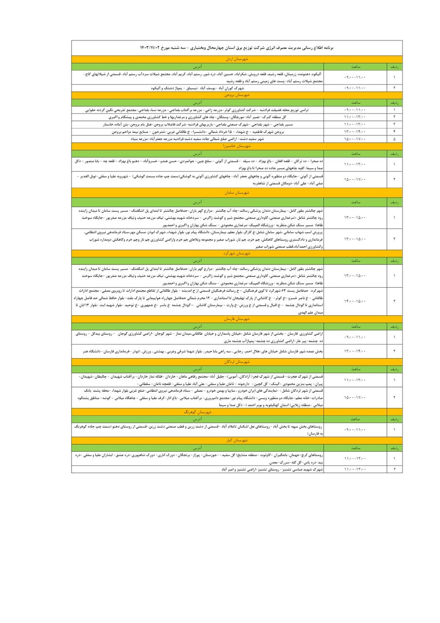 برنامه قطعی برق چهارمحال‌ و بختیاری‌ سه‌شنبه ۲ بهمن + جدول