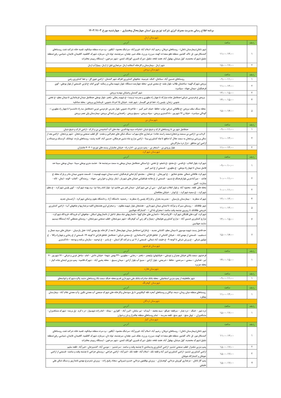 برنامه قطعی برق چهارمحال‌ و بختیاری‌ چهارشنبه ۳ بهمن + جدول